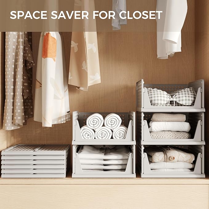 Pinkpum Grey 6 Pack Closet Organizers Storage Bins, Stackable Plastic Drawer Basket for Clothing, Stackable Storage Bins Shel