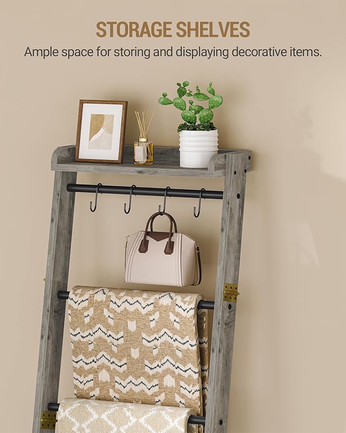 Hzuaneri Blanket Ladder Shelf, Decorative Quilt Rack, 7-Tier Farmhouse Ladder Holder Organizer with 4 Removable Hooks 7.9" D 