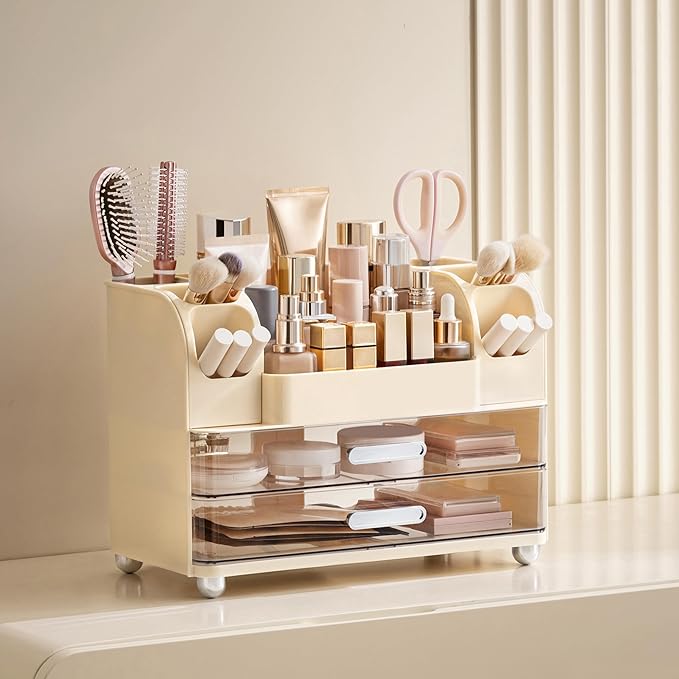 HBlife Makeup Organizer for Vanity with Brush Holder, Large Bathroom Countertop Cosmetic Organizer Skin Care Storage, Easy to
