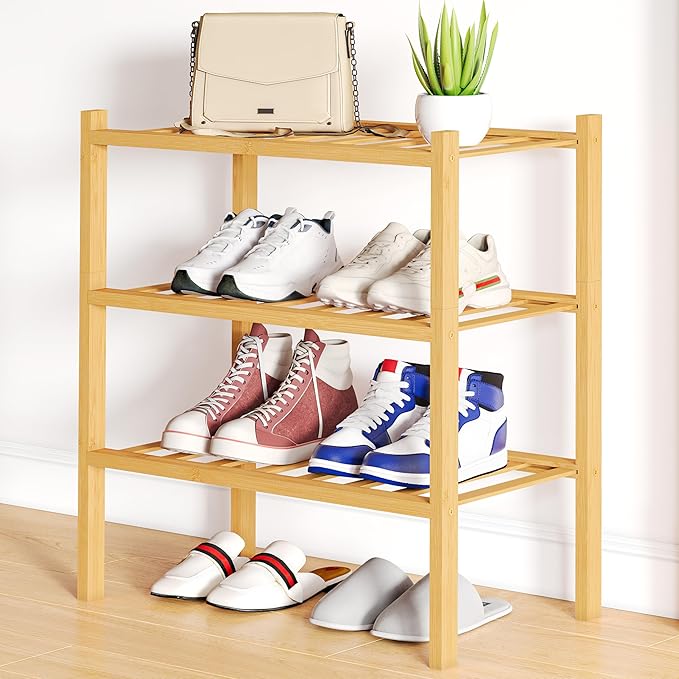 Smiry Shoe Rack, 3 Tier Small Bamboo Shoe Organizer, Stackable Free Standing Wooden Shoe Storage Shelf for Closet, Entryway, 