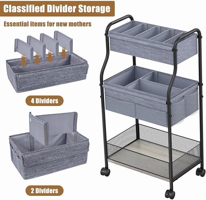3-Tier Baby Diaper Caddy Organizer and Storage Cart, Mobile Metal Utility Cart with Rolling Wheels for Nursery Essentials wit