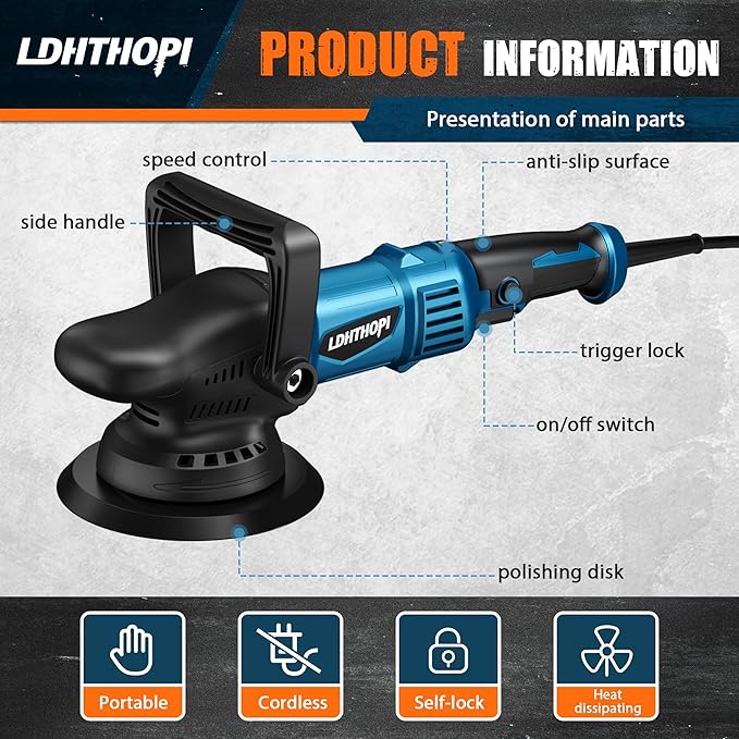 LDHTHOPI Dual Action Polisher, 980W 5/6 Inch, 9MM Random Orbital Buffer Polisher for Car Detailing, 2800-5800RMP, 6 Variable Speed Buffer Polisher with 8 Detachable Pads