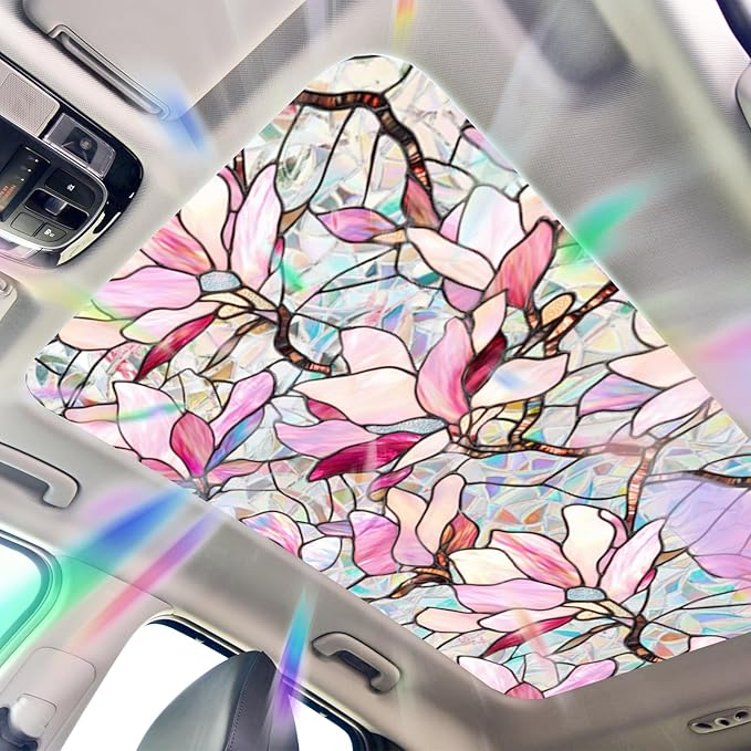 Niviy Window Clings Pink Magnolia Stained Glass Window Film, Sun Protection Decals for Car Moonroof, Static Cling Rainbow Sticker Covering for Home Door (16.93 x 39.37inch)