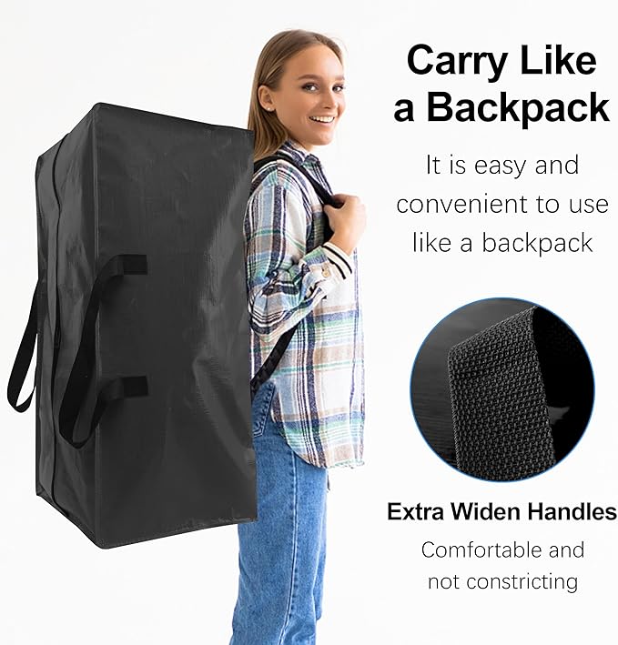 6 Pack Heavy Duty Extra Large Moving Bags W/Backpack Straps - Strong Handles & Zippers, Storage Totes For Space Saving, Fold 