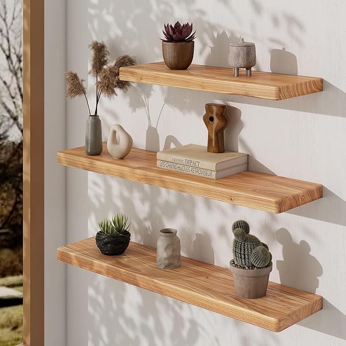 24" Rustic Elm Wood Floating Shelves, 8 Inch Deep Wall Shelves for Home Decor, Wall Mounted Floating Shelf with Invisible Bra