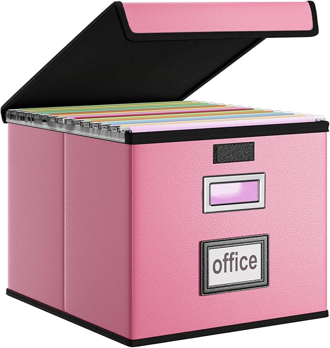 Huolewa File Organizer Box with Lid, Collapsible Leather File Folder Organizer for Office Document Storage, Filing Box with P