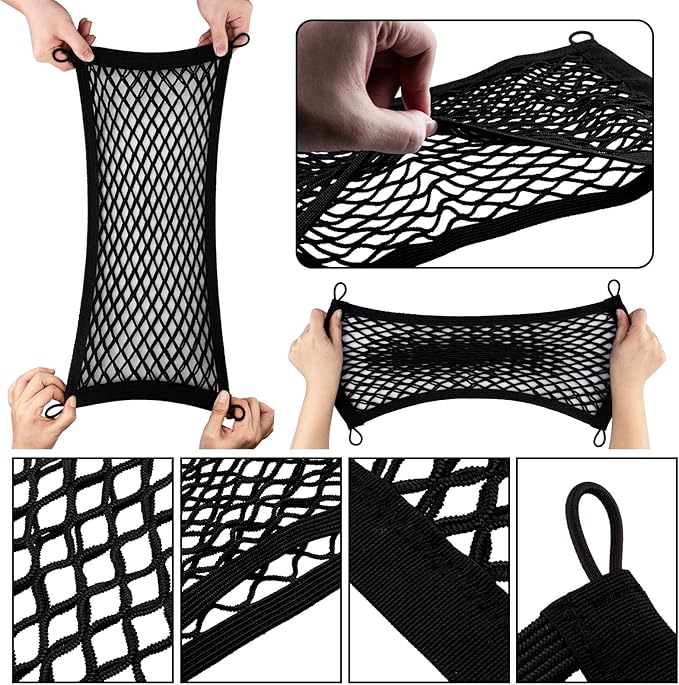 2 Pack Small Cargo Net Pocket Storage Pouch Bag 21 x 9.8 Inches RV Netting Elastic Automotive Cargo Nets with 8 Mounting