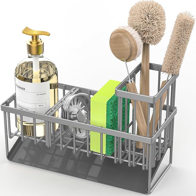 Cisily Sink Caddy Organzier with High Brush Holder, Sponge Holder for Sink, 304 Rustproof Stainless, Kitchen Countertop Soap 