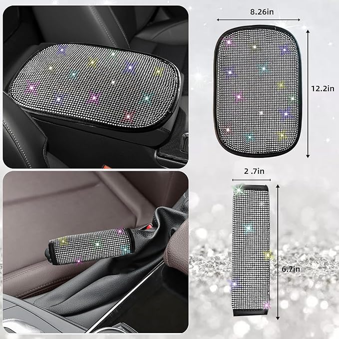 NBTEPEM 30 Pcs Multicolor Bling Car Accessories Set for Women, Steering Wheel Cover Set, Bling Console Cover, Seat Belt Cushion, Shift Knob Cushion, Cup Coaster, Rhinestone Car Hanging Accessories