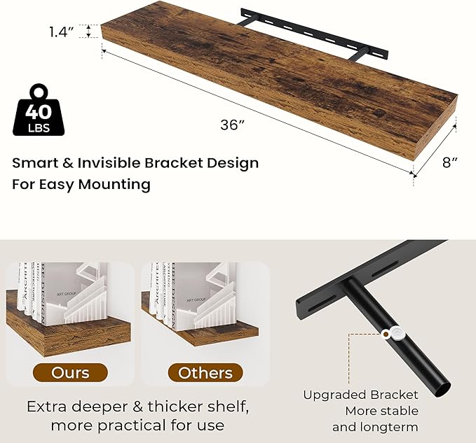 Dreamland 36 Inches Floating Shelves for Wall,8 Inch Deep Floating Shelves Set of 2, Large Display & Storage Shelf, Wall Shel