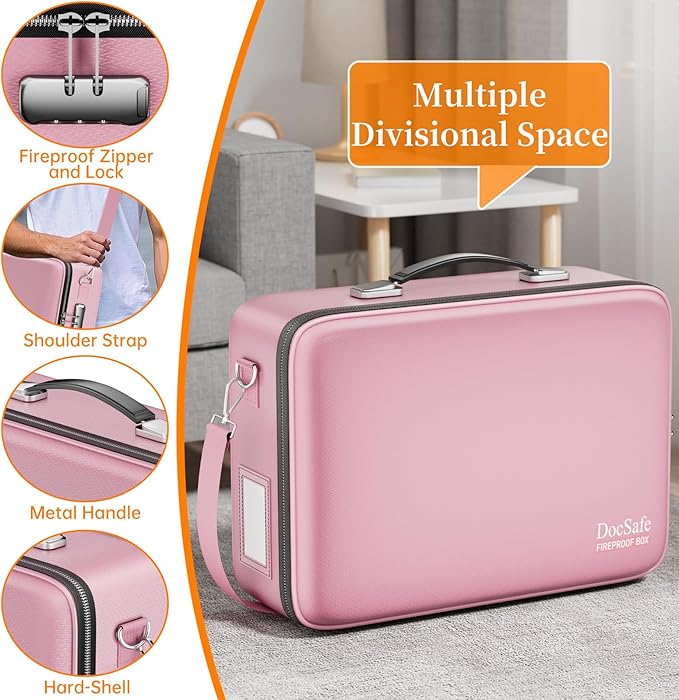 DocSafe Fireproof Document Box with Lock＆Shoulder Strap,Hard Case File Organizer with Accordion File Folder,Multi-Layer Porta