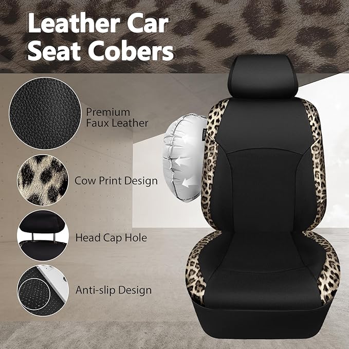 CAR PASS Leopard Print Faux Leather Car Seat Covers & Leopard Car Mats&Leopard Steering Wheel Cover Seat Belt Universal Car A