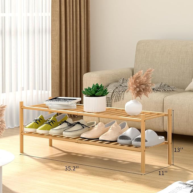 ROMGUAR CRAFT 2-Tier Bamboo Long Shoe Rack, Free Standing Wood Shoe Shelf Storage Organizer for Closet Entryway Stackable 35"
