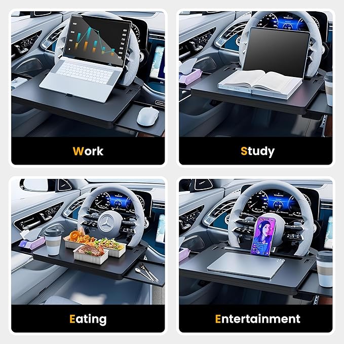 2-in-1 Extendable Steering Wheel Tray with Drawer Anti Slip Protective Adhesive - Adjustable Steering Wheel Desk for Laptop, Eating, Work and Writing - Fits Most Large SUVs,Trucks & Vans