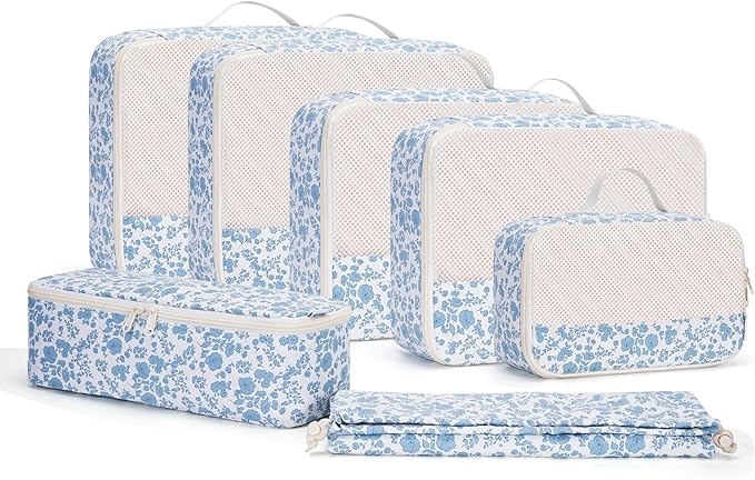 Narwey 7 Set Floral Packing Cubes for Travel Carry on Suitcase Luggage Organizer Bags for Kids Women Men, Durable Packing Org