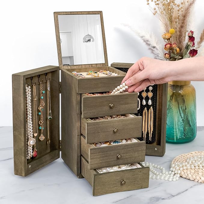Meangood Jewelry Box Wood for Women, 5-Layer Large Organizer Box with Mirror & 4 Drawers for Rings, Earrings, Necklaces, Vint