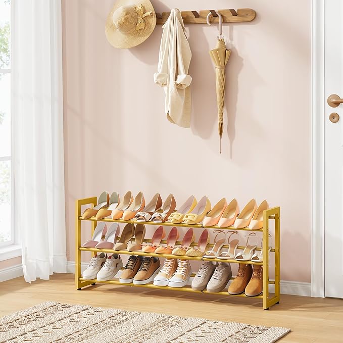 FAVOOSTY 3-Tier Expandable Shoe Rack, Adjustable Shoe Shelf Storage Organizer Space Saving Metal Free Standing Shoe Rack for 