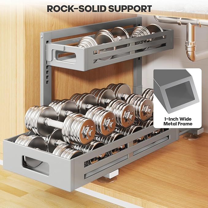 2 Pack 21IN-Depth Under Sink Organizer,Pull Out Cabinet Organizer With Smooth Cylindrical Rail,Metal Slide Out Drawer for Kit