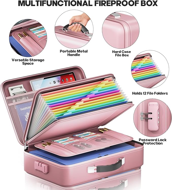Fireproof Document Box, Hard Case Highly Flame-Resistant Fire Proof Waterproof File Organizer with Lock, Portable Fire Safe f