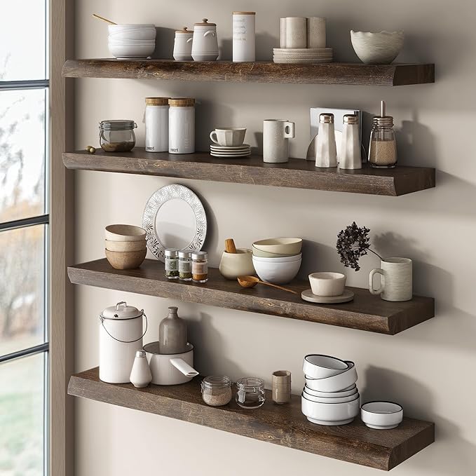 Live Edge Elm Floating Shelves for Wall Decor, Rustic Solid Wood Shevles Wall Mounted with Invisible Bracket for Living Room 