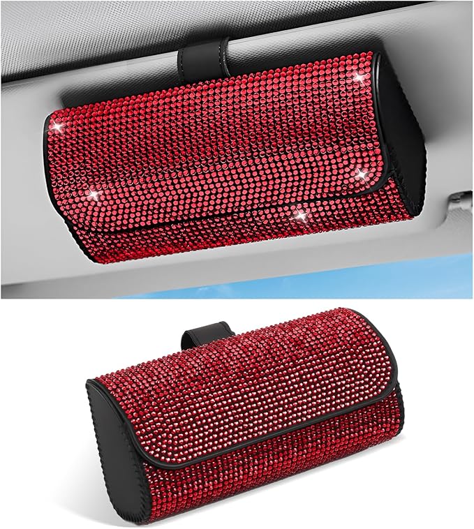 Sunglasses Holder for Car Sun Visor, Bling Leather Eyeglasses Visor Storage Case with Hidden Magnetic Closure, Sparkling Auto Visors Protective Organizer Storage Box (Red)