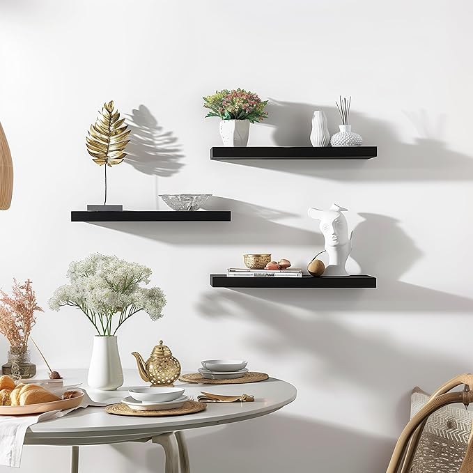 PHPH Wood Floating Shelves for Wall, Wooden Wall Shelves for Bedroom, Set of 6 Black 17 Inch