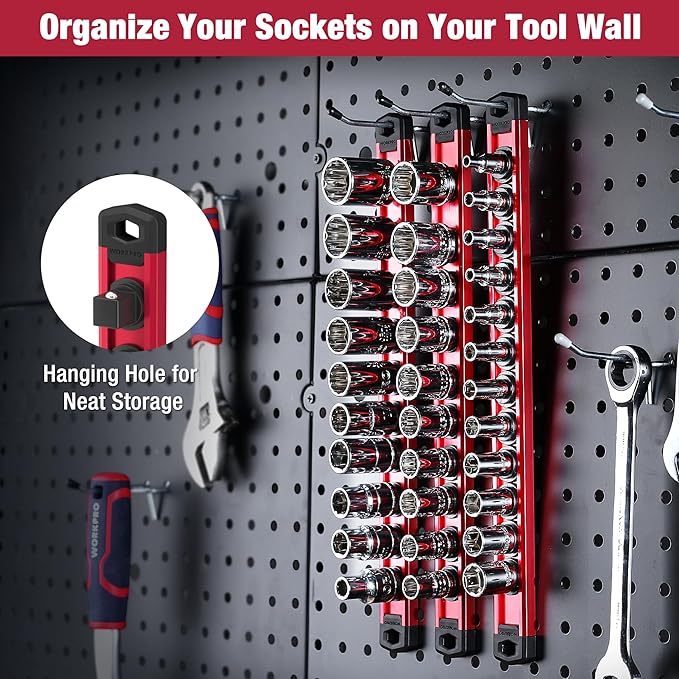 WORKPRO Magnetic Socket Organizer Set, 3-Piece Aluminum Alloy Socket Rail, Heavy Duty Socket Holder, Socket Rack Kit 1/4-Inch
