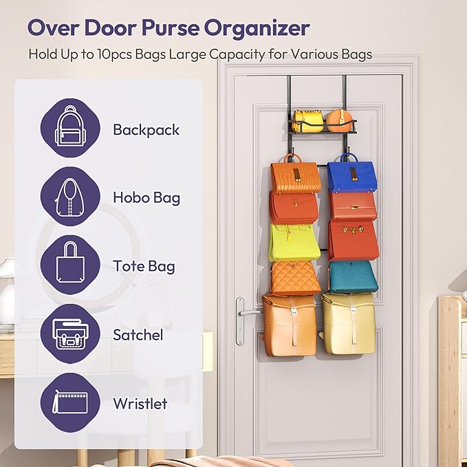 SWTYMIKI Over The Door Purse Organizer - Wall Mounted Purse Rack with 10 Hooks and Metal Basket, Handbag Hanger Organizer Hol