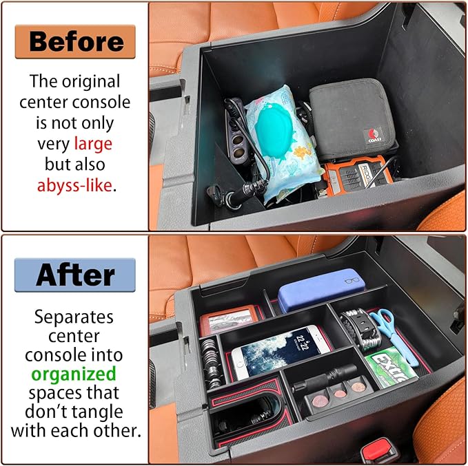 RUNROAD Center Console Organizer Full Cover Tray Compatible with Toyota Tundra 2014-2020 2021 Accessories, ABS Coin Holder Secondary Storage Box Insert Armrest Console Tray, Red