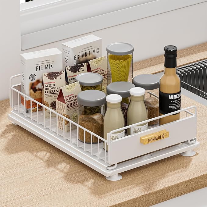 Under Sink Organizer, Single Tier Metal Pull Out Sliding Drawer Shelf for Kitchen Bathroom Cabinet Storage, Sturdy Rack – Whi