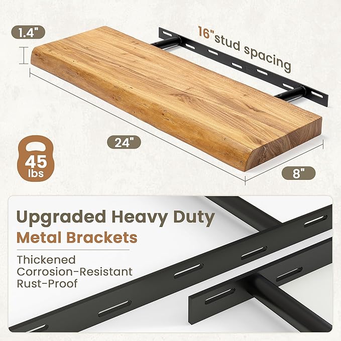 Fun Memories Floating Shelves for Wall Decor Set of 2-24 Inch Solid Elm Wood Live Edge - Rustic Natural Wall Shelves with Inv
