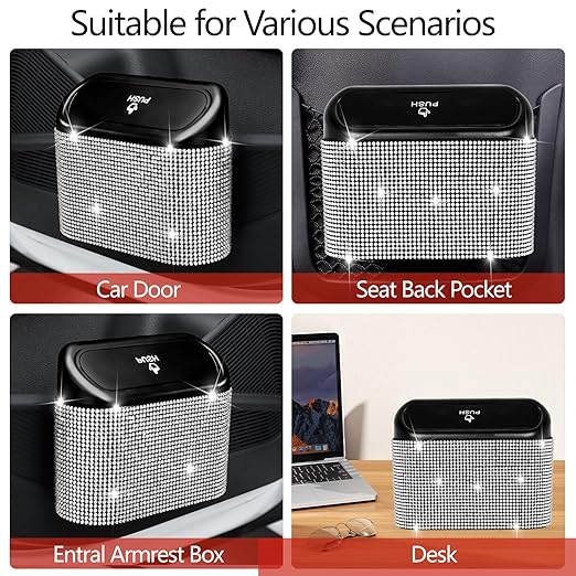 NBTEPEM Bling Car Trash Can with Lid, Mini Auto Garbage Can with 30 Trash Bags, Leakproof Automotive Garbage Container Bin, Bling Car Accessories Trash Can for Women (Silver Diamond)