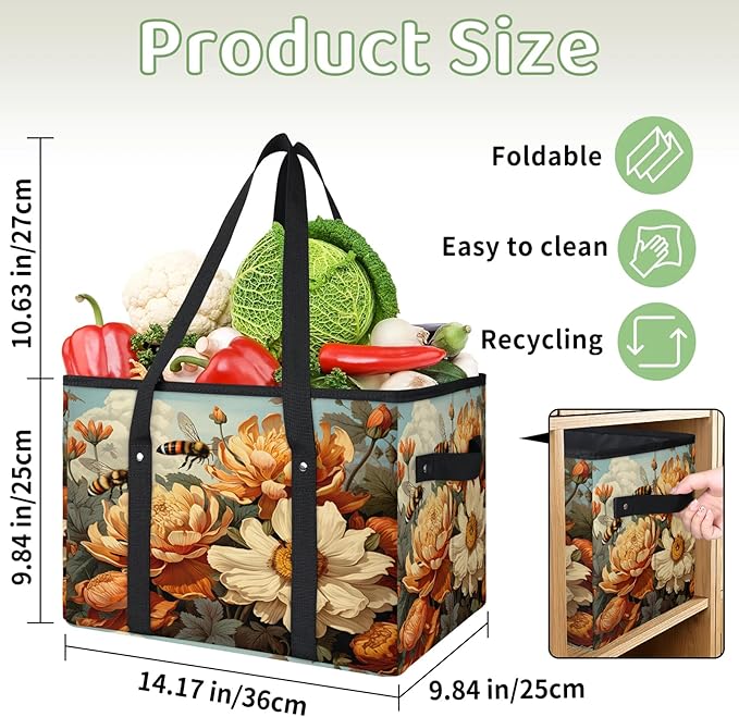 Reusable Grocery Bags Heavy Duty Shopping Bags Foldable Large Tote Bags with Long Handles & Hard Bottom