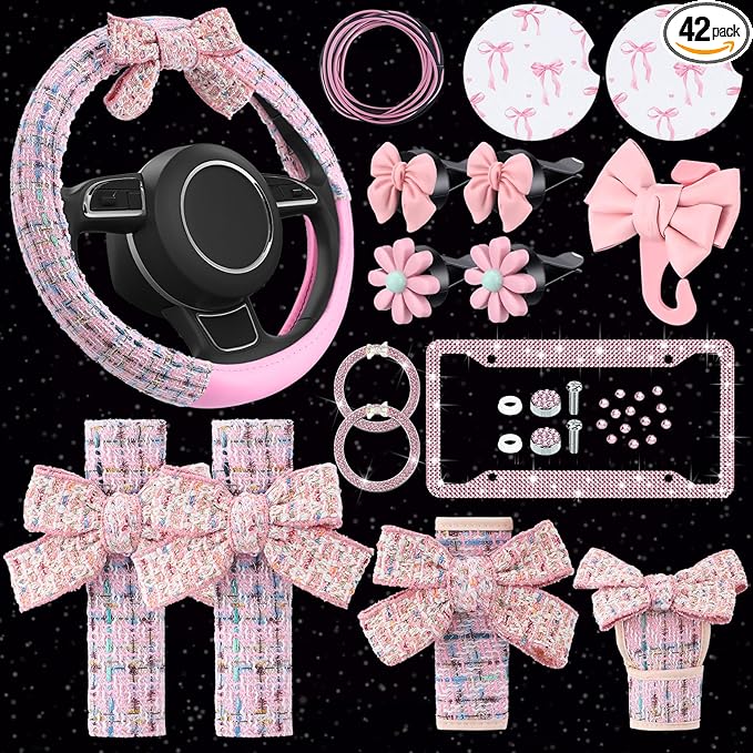 BBTO 42 Pcs Pink Bow Car Accessories Set for Women Pink Steering Wheel Cover Bow Hook Car Coaster Air Vent Clip Seat Belt Covers Diamond Rings Sticker Coquette Cute Gifts