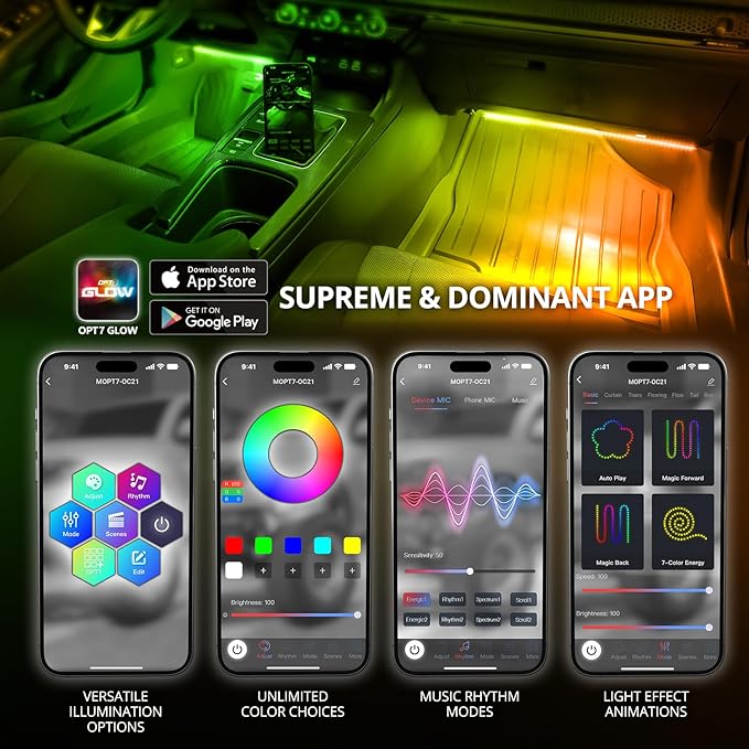OPT7 Aura DreamColor RGB-IC LED Car Interior Light Strips, 4PC Interior Ambient Lighting Kit with APP & Remote Control, 12V Color Chasing Lights Universal for SUV Trucks Pickups Van, Easter Gifts