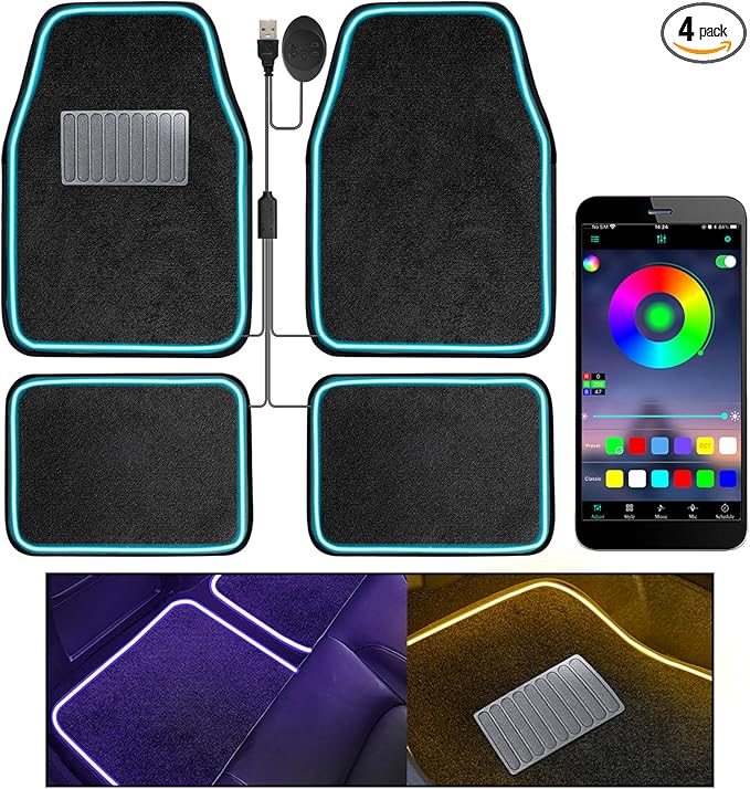 Soft Car Floor Mats with Led Strip Light, App Control Leather Interior Car Lights Floor Mats, Universal Fit Black Automotive Carpet, Anti-Slip Waterproof RGB Car Decor Accessories for SUV,Sedan,Jeeps