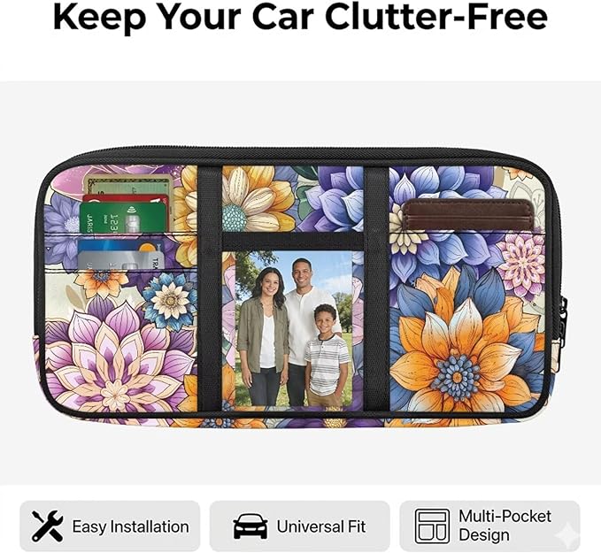 Boho Flower Car Visor Organizer for Women Auto Interior Accessories Car Storage with Card Holders Multi-Pocket Visor Organizer Storage for Car/SUV/Truck with Pockets Easy to Clean