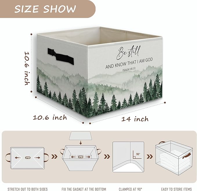 Forest Christian Basket Foldable Storage Bins Box with Handles, Be Still and Know That I Am God Bible Verse Religious Collaps