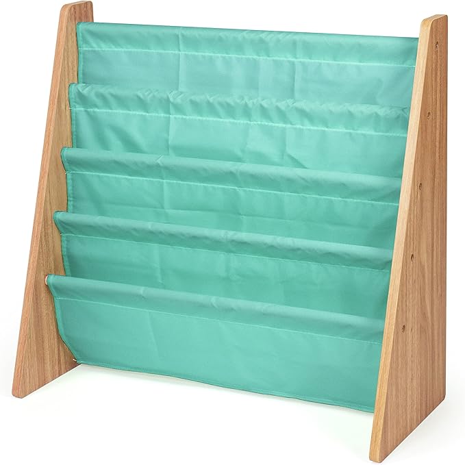 Humble Crew 4-Tier Kids Bookshelf, Natural Wood/Seafoam Green - Premium Book Shelf for Kids Rooms with Four Deep Pockets - To