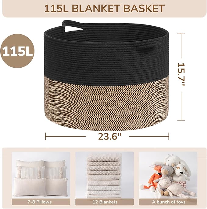 INDRESSME 115L Extra Large Storage Baskets for Organizing, Blanket Basket Living Room Dog Toy Bin, Wicker Storage Woven Laund