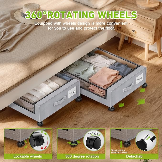 Under Bed Storage with Wheels, 4-Pack Under the Bed Storage Containers with Clear Lids & Label, Underbed Storage Bins, XXL 60