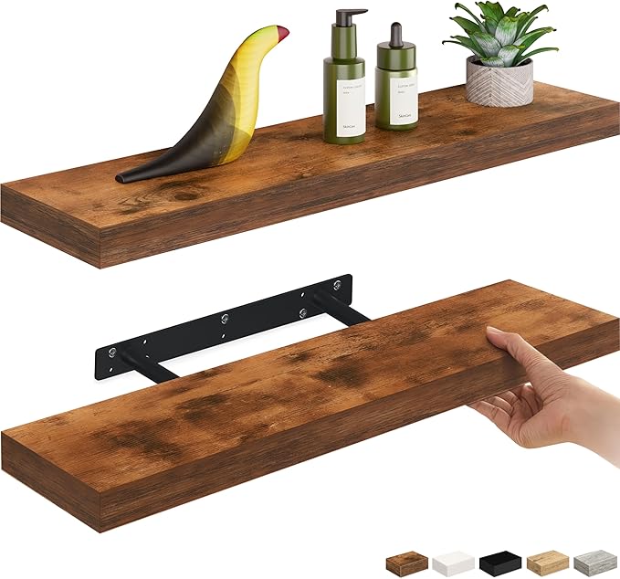 Ballucci Floating Shelves, 24" Wood Wall Shelf Set of 2, with Invisible Brackets for Bathroom, Living Room, Bedroom, Kitchen,