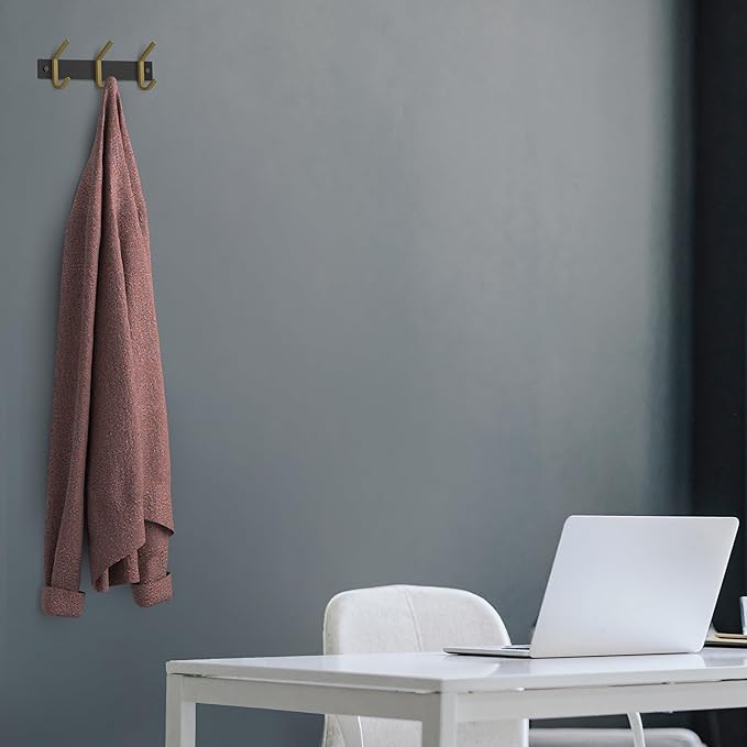 Small Coat Rack Wall Mount – Black and Gold Hook Rail with 3 Double Coat Hooks, 9 Inch Stainless Steel Wall Hooks for Entrywa