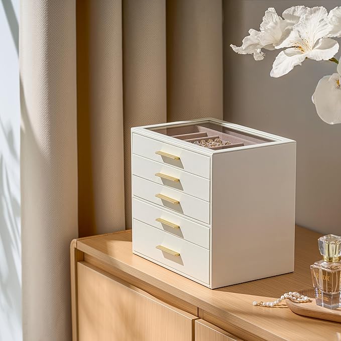 pickpiff Jewelry Box Organizer Case for Women: 5-Layer Jewelry Storage Case with Glass Window, Ivory Leather with Pink Velvet