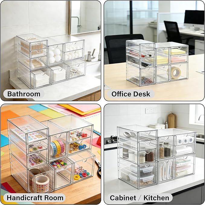 Prsildan Acrylic Drawer Makeup Organizer with 9 Drawers, Set of 3 Office Desk Organizers Accessories, Clear Stackable Storage
