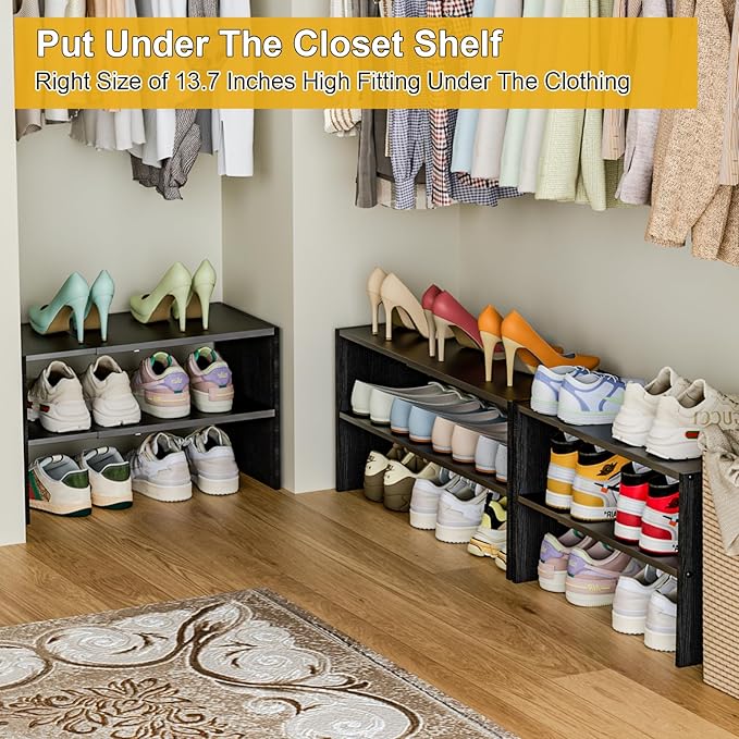 Black Shoe Rack Organizer for Closet, 2-Tier Expandable Shoe Shelf, Stackable Iron Wood Combination Small Shoe Racks Shelves 