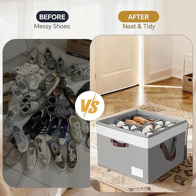 Criusia Shoe Organizer for Closet, 2 Pack Foldable Shoe Storage Organizer Box Bin with Adjustable Dividers and Clear Cover, C