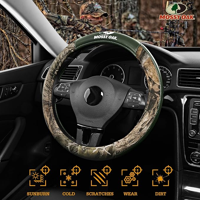 Mossy Oak Camo Steering Wheel Cover, Durable Grip Car Steering Cover, Universal Fit 14.5"–15.5" - Made with Premium Green PVC