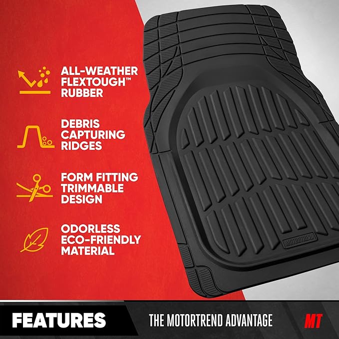 Motor Trend FlexTough LITE Rubber Car Mats Full Set - All Weather Floor Mats for Trucks, Cars & SUVs - Automotive Waterproof Black Car Floor Mats for Cars Interior Accessories Universal Trim-to-Fit