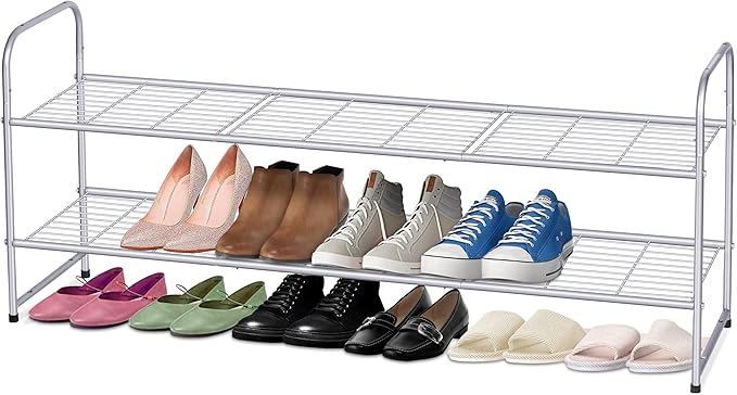 KEETDY 2-Tier Long Shoe Rack for Closet Shoe Organizer for Entryway, Metal Stackable Shoe Storage Shelf for 18 Pairs Sneakers